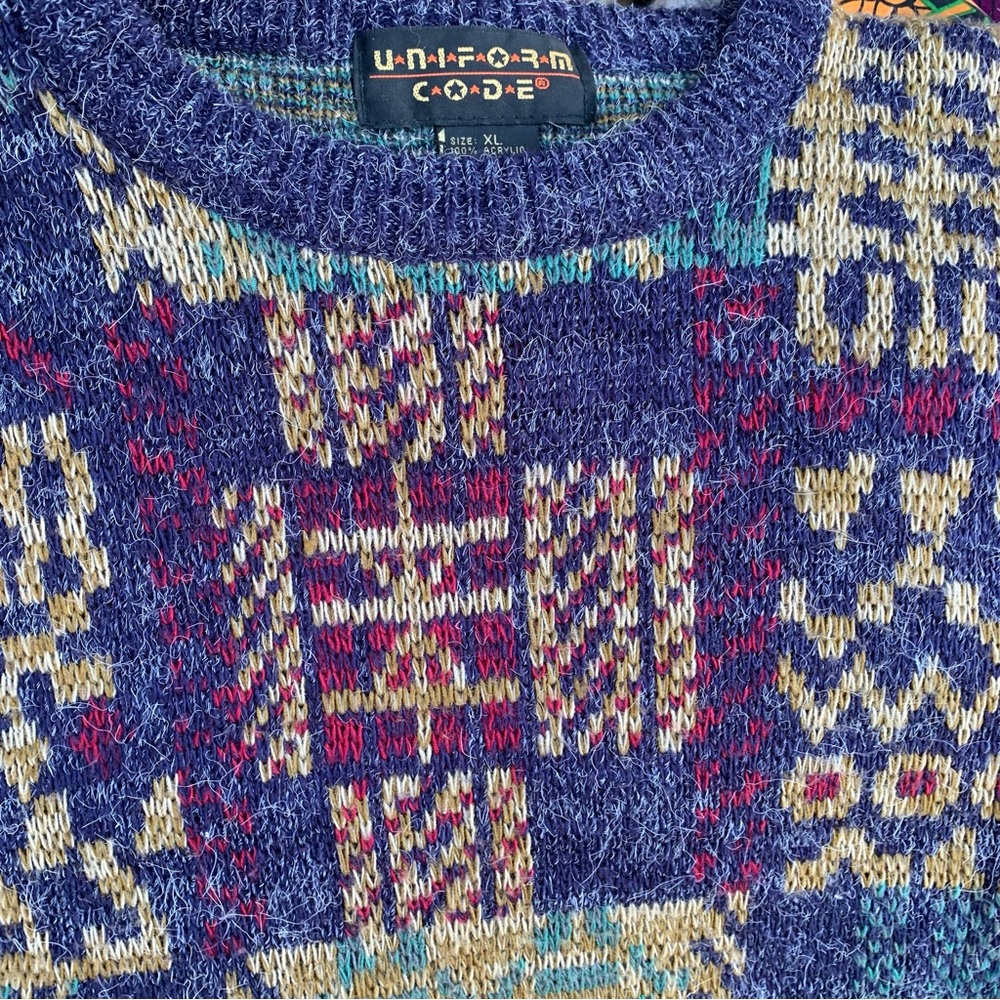 Vintage 80s Colorful Multicolor Geometric Loud Cosby Grandpa Plaid Sweater XL - Picture 12 of 17